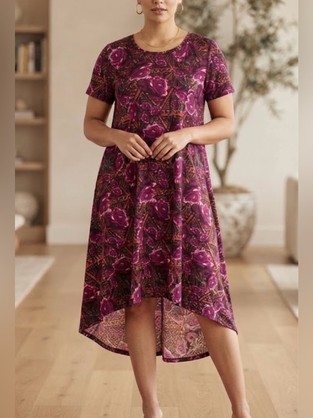 LULAROE Carly midi high-low floral geometric short sleeve swing dress NEW size M